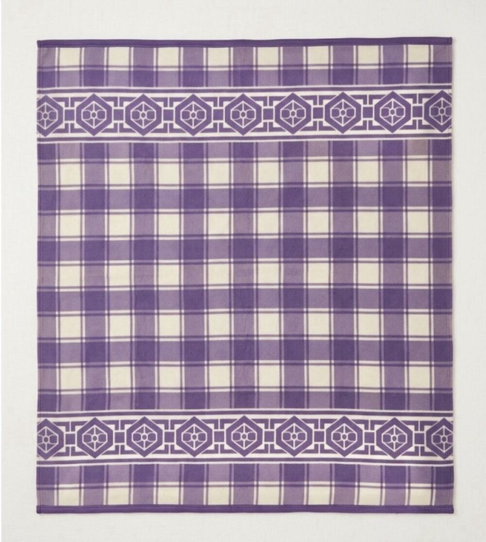 Vintage Lavender Palaka Wool Blend Blanket Hawaiian Plaid Geometric Border 68x80